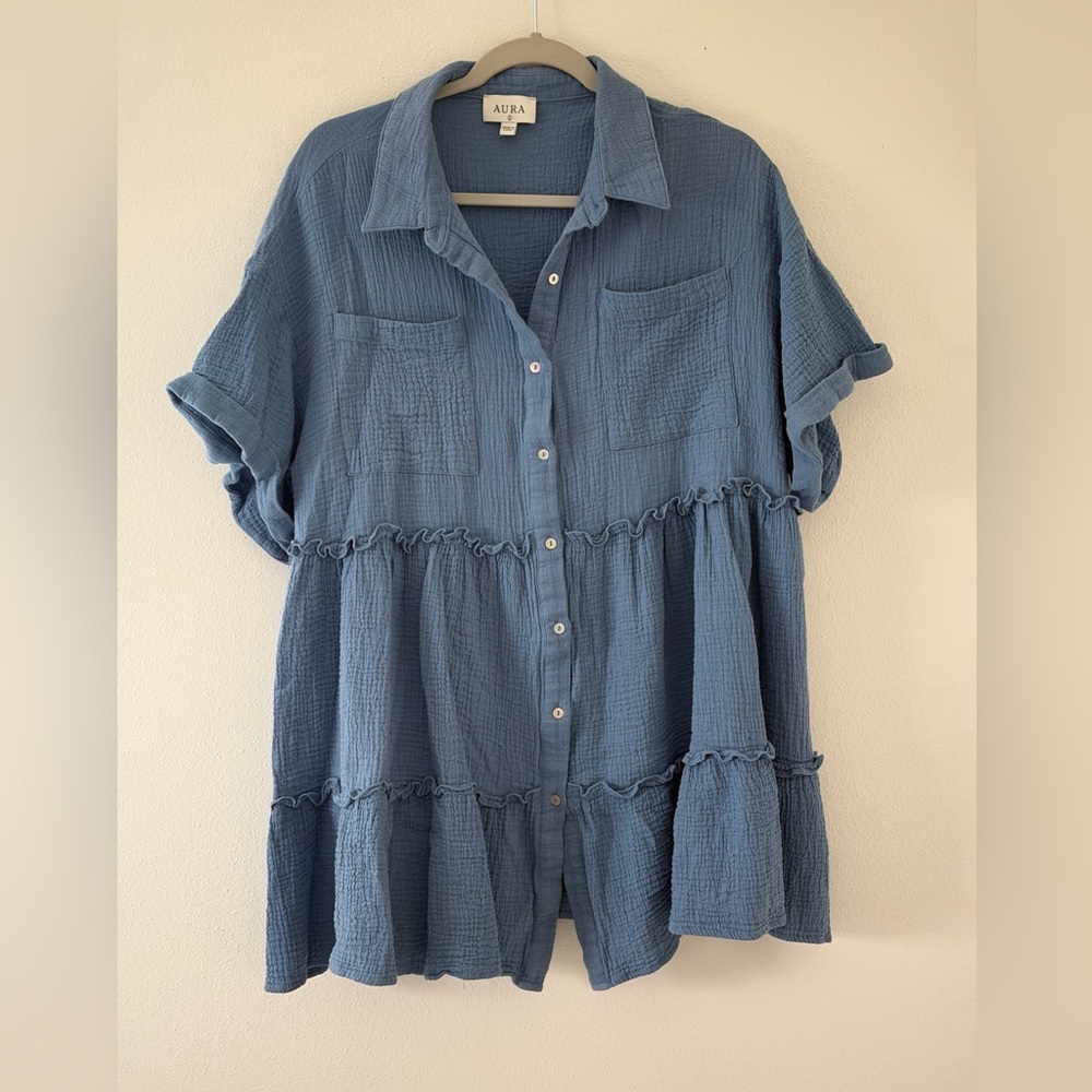 AURA linen tiered blue cotton button down mini dress size large - Picture 2 of 9